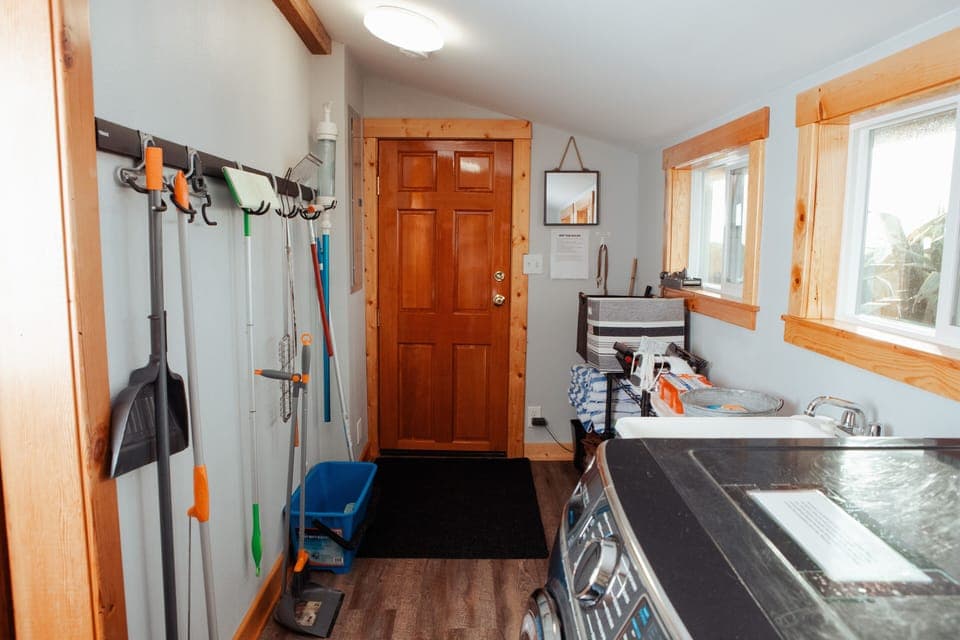Mudroom with door to back patio and hot tub