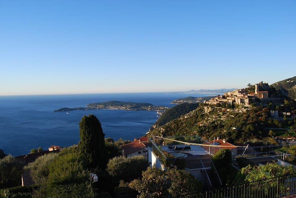 View from terrace, Eze Village and Saint-Jean-Cap-Ferrat.