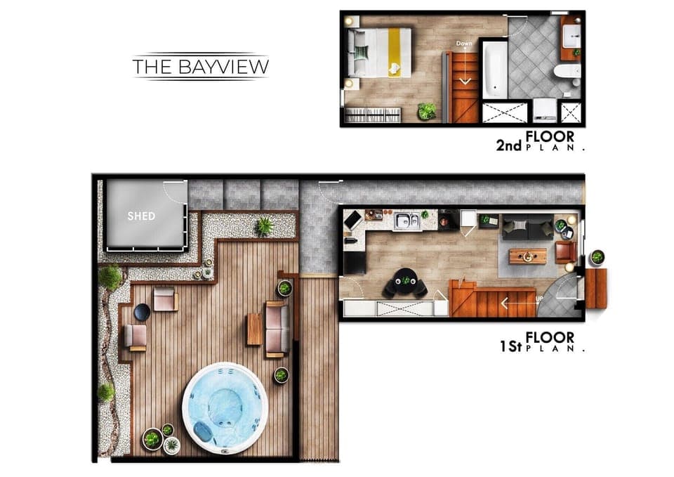 Welcome to The Bayview. 
Your two-story loft getaway. 
Dedicated deck & hot tub.