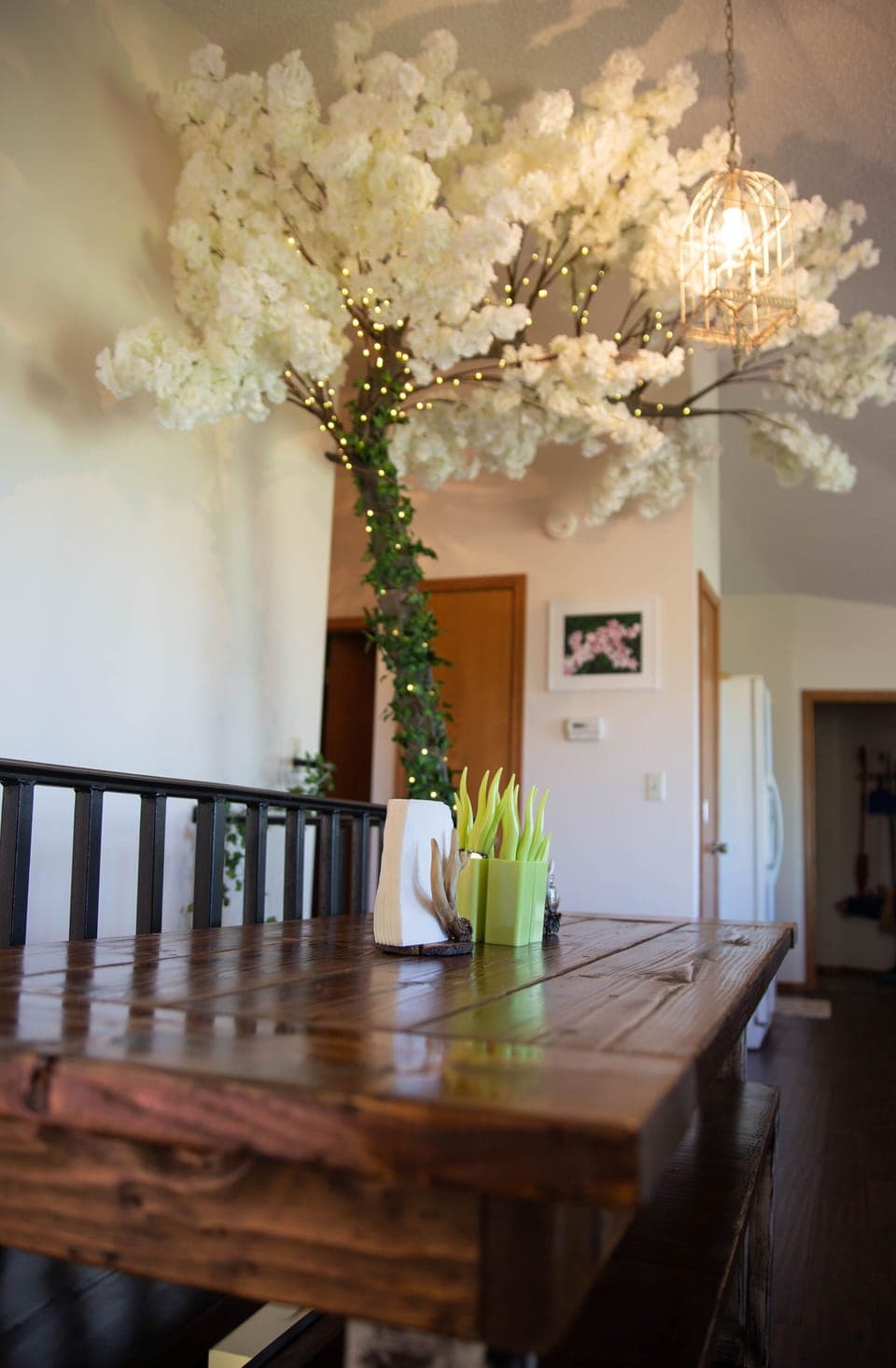 Farm table with benches for dining together while under our cherry blossom tree