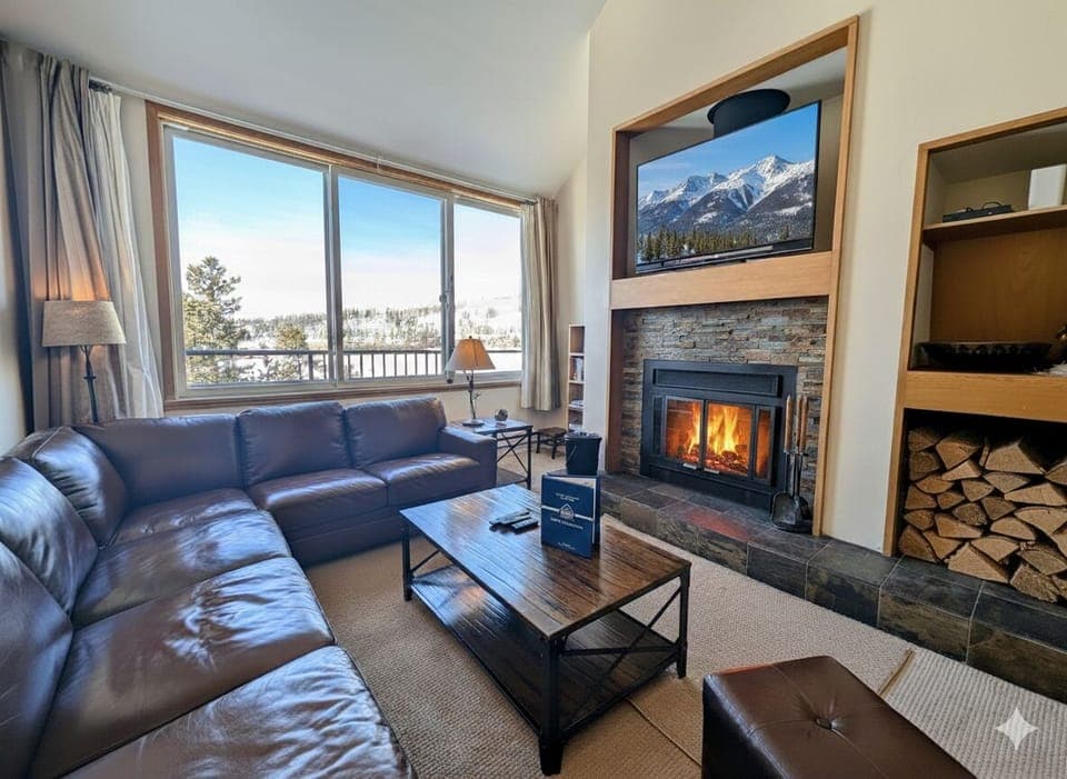 Cozy up on plush leather seating by your crackling fireplace, watching snowy mountain views through expansive windows after your alpine adventures.