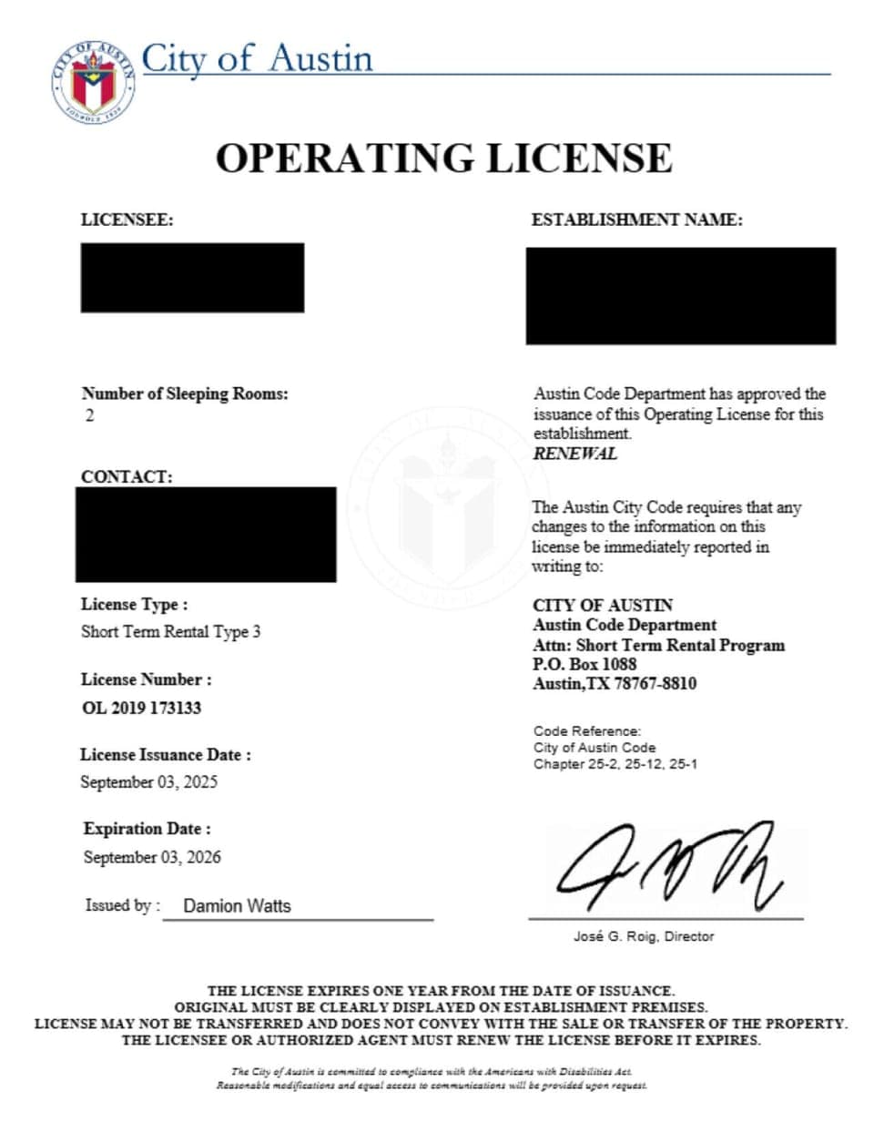 STR License for the City of Austin