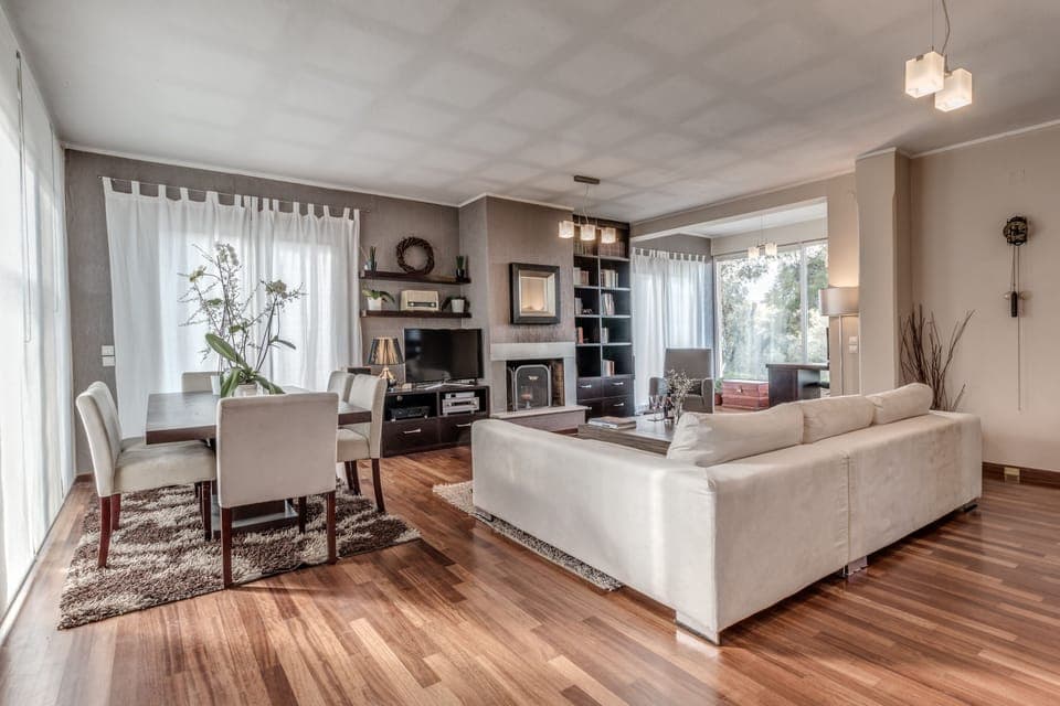Spacious dining room with a large dining table