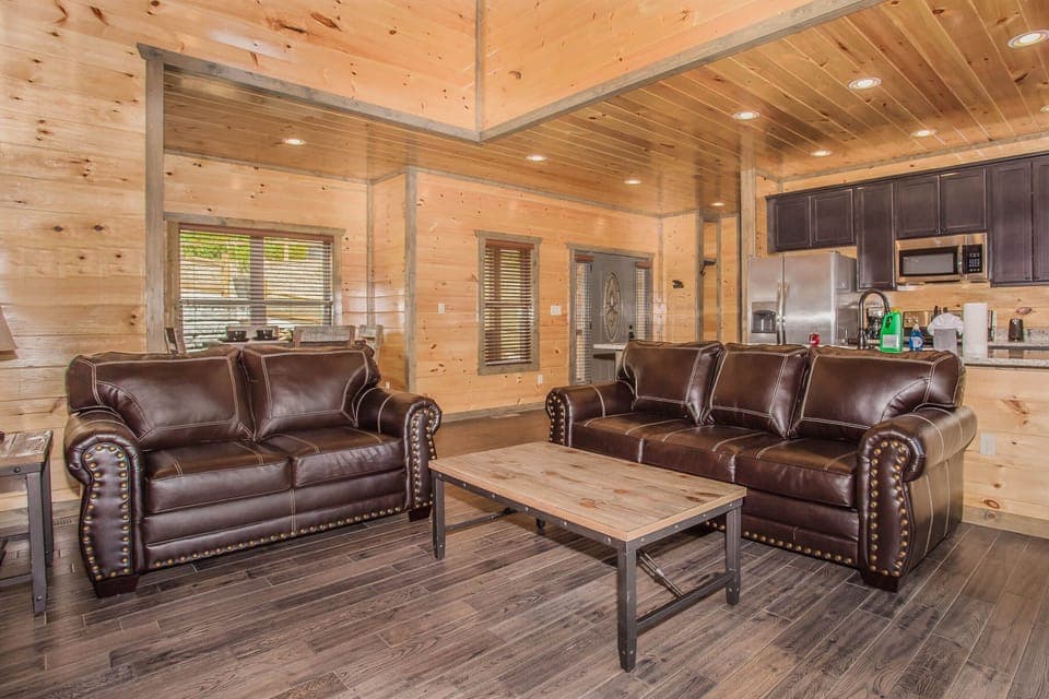 Main level living room with queen sleeper sofa.