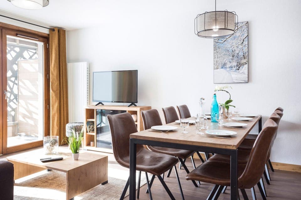 Enjoy a meal at the dining table.