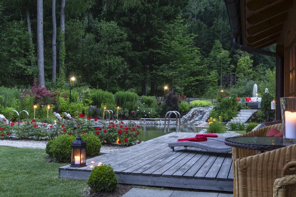Outdoor pool, a natural pool, sun loungers
