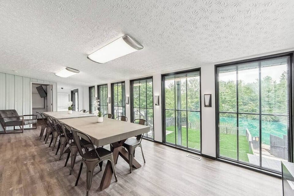 Dine overlooking your private terrace and pond.