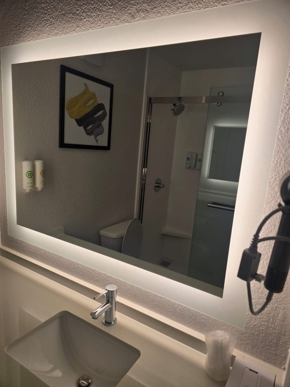 Combined shower/tub, free toiletries, hair dryer, towels