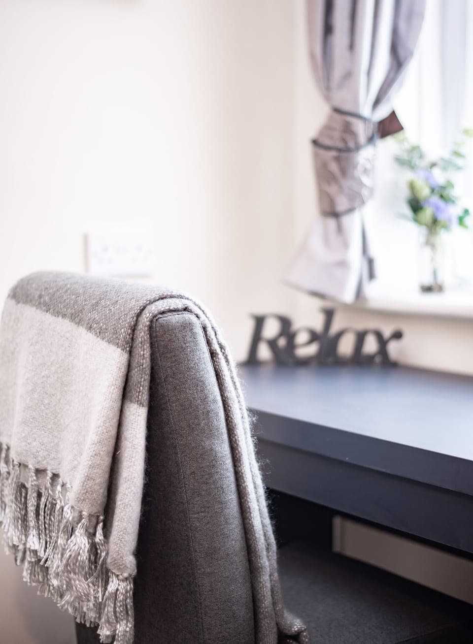 Individually furnished, desk, laptop workspace, blackout drapes