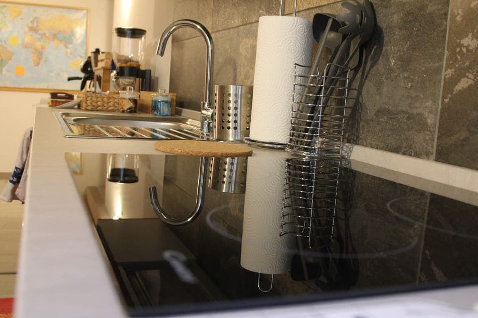 Fridge, microwave, toaster, cookware/dishes/utensils