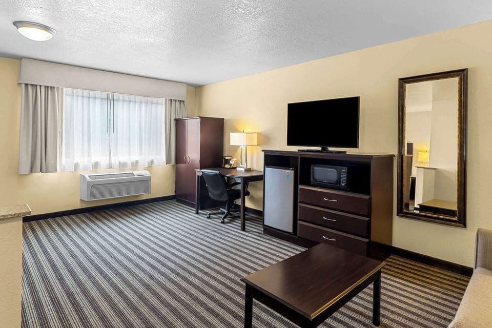 Suite, 1 King Bed, Non Smoking | Desk, laptop workspace, blackout drapes, iron/ironing board