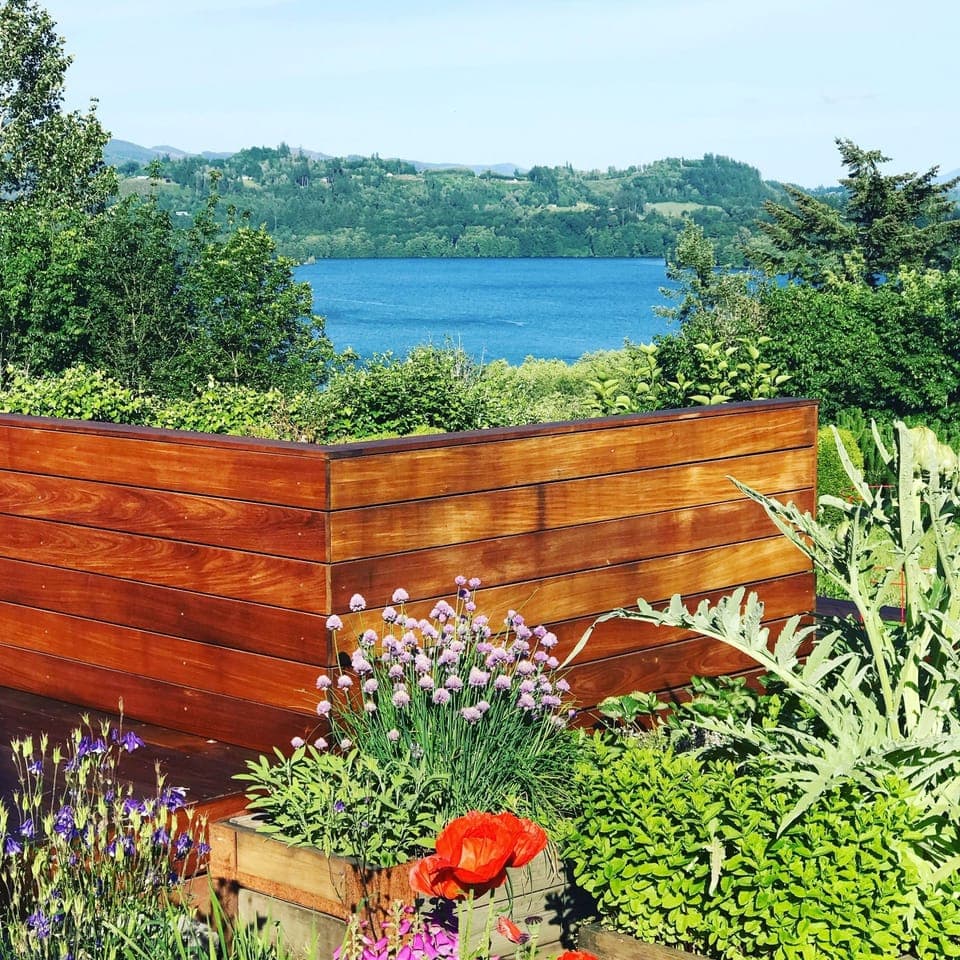 Deck with lake + mountain view