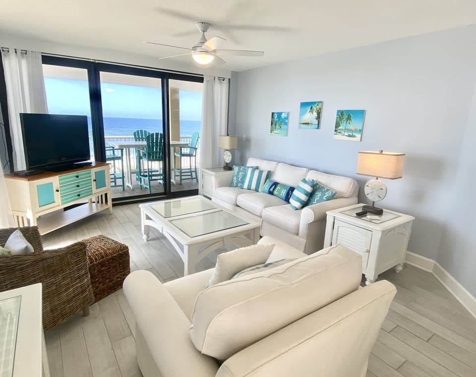 Condo, 3 Bedrooms, Balcony, Beachfront (401A) | Living area | Flat-screen TV