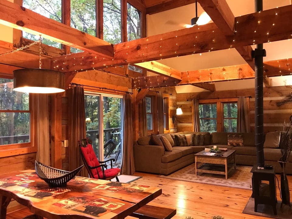 Open and bright great room with twinkle lights.  