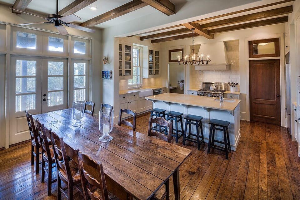 Dining Table, Chairs, Ceiling Fan, Kitchen Island, and Stools.