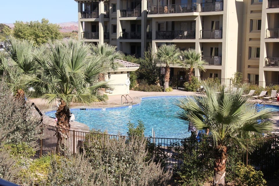 view of the pool from the back deck