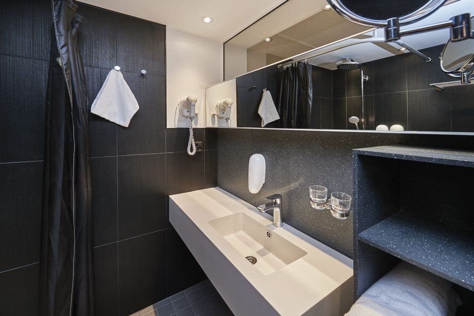 Shower, hair dryer, towels