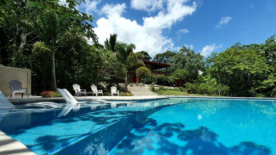Outdoor pool, pool umbrellas, sun loungers