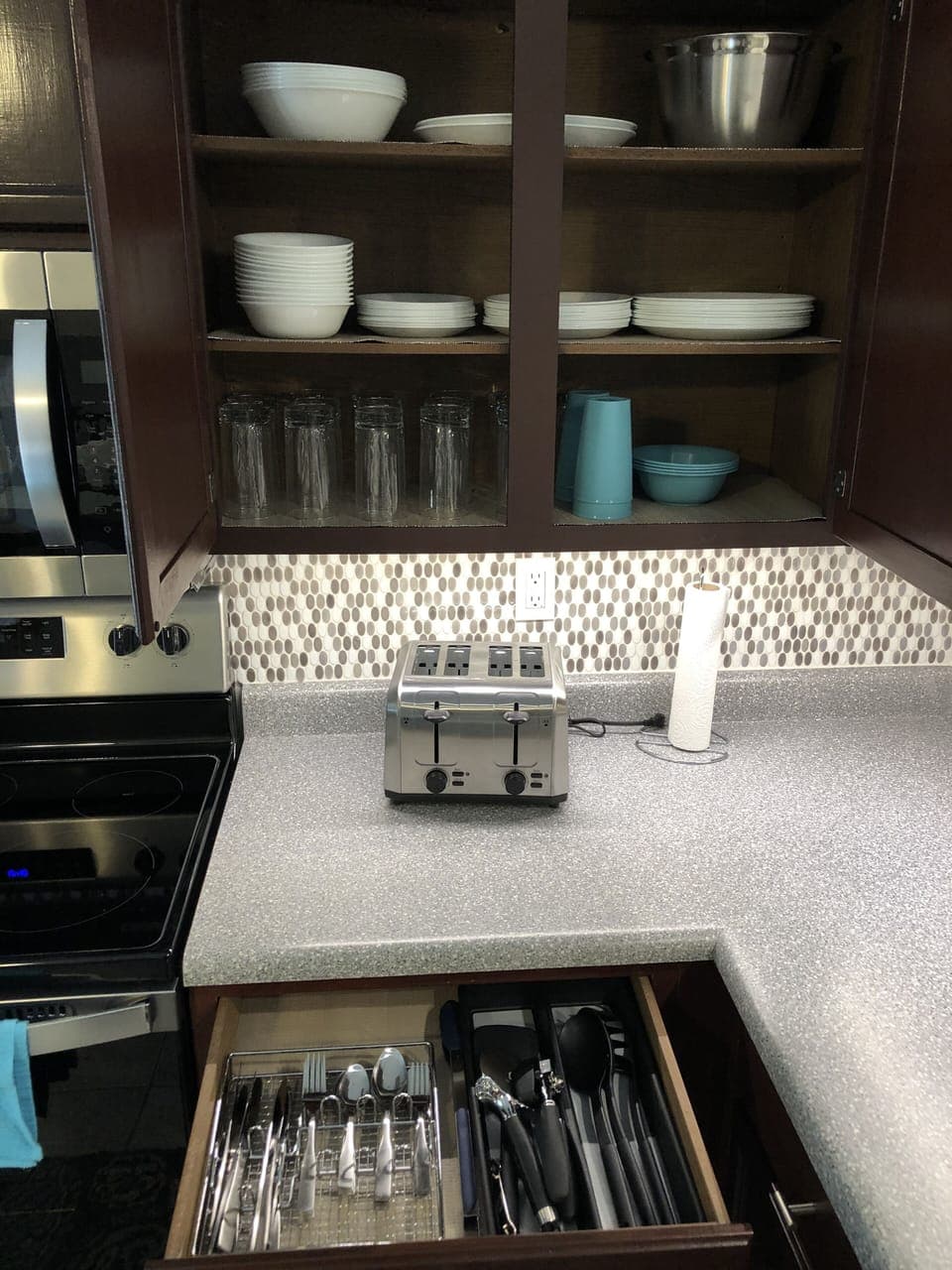 Cups, plates, bowls, utensils and cooking utensils