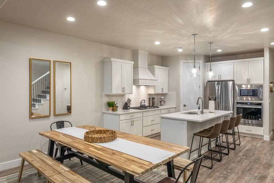 Dining Table - The beautiful wood dining room set can comfortably seat 8 people.