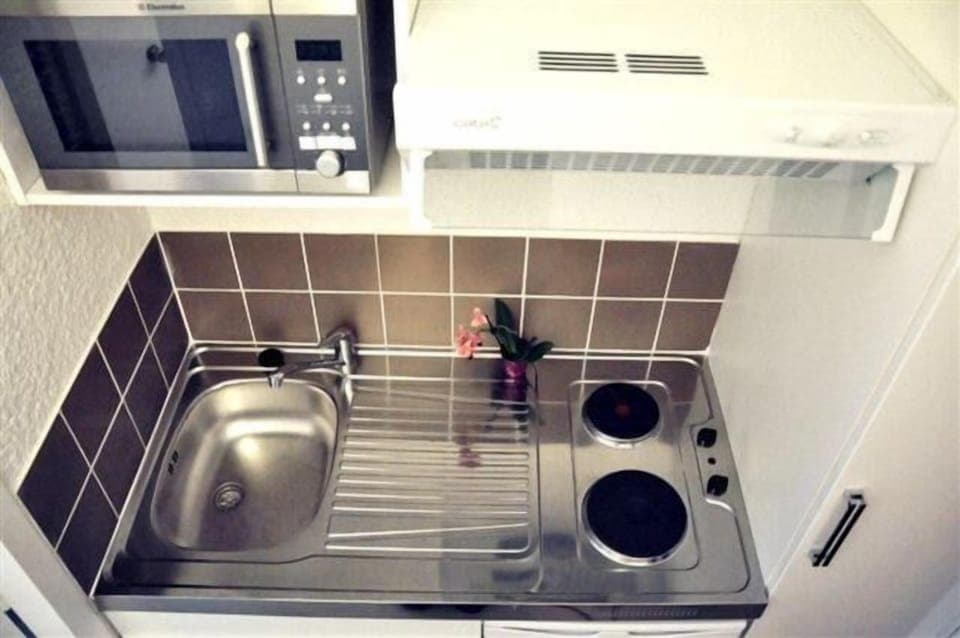 Fridge, microwave, stovetop, cookware/dishes/utensils