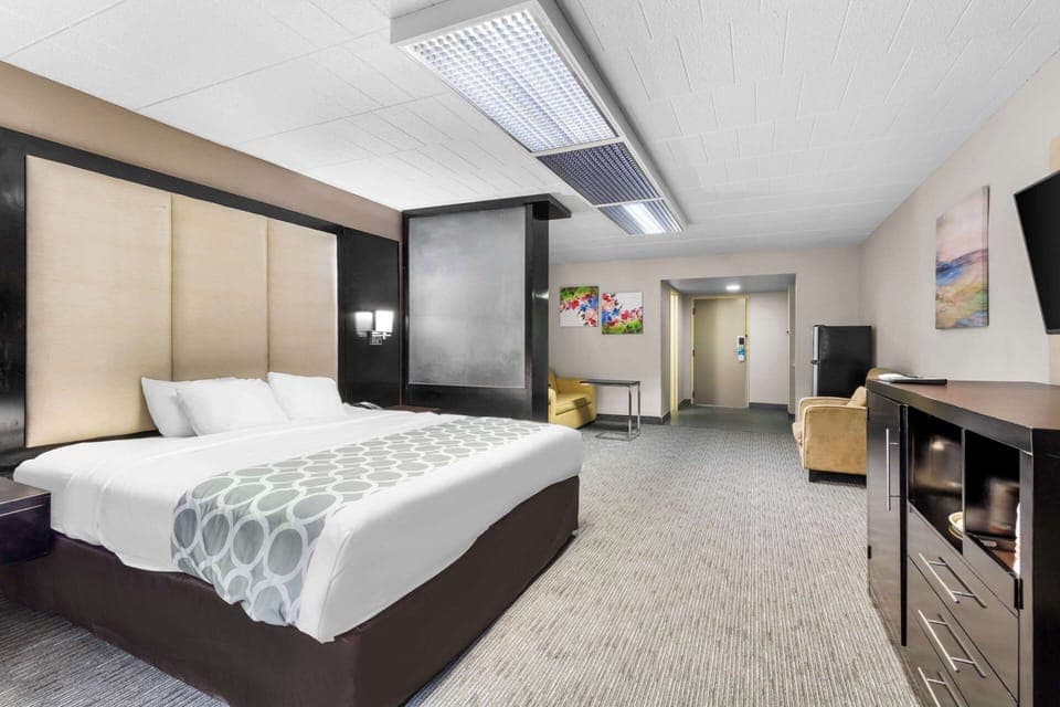 Desk, laptop workspace, blackout drapes, soundproofing