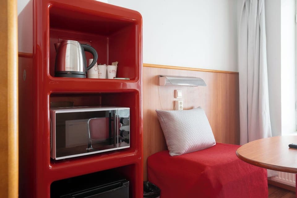 Fridge, microwave, electric kettle