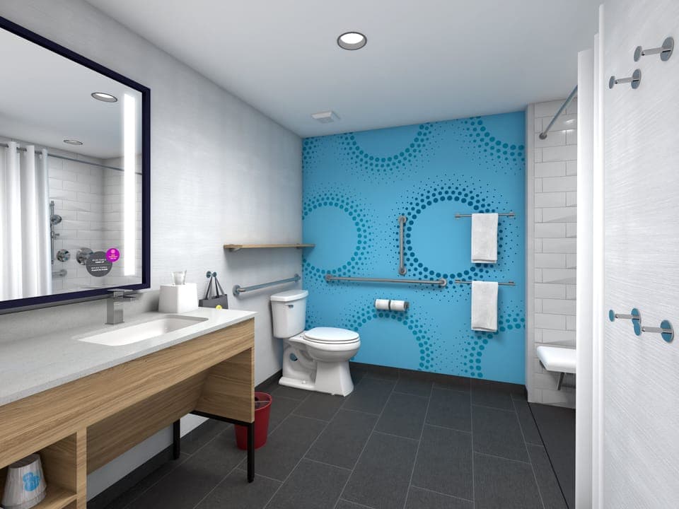 Room, 1 King Bed (Mobility & Hearing, Roll-In Shower) | Bathroom | Combined shower/tub, eco-friendly toiletries, hair dryer, towels