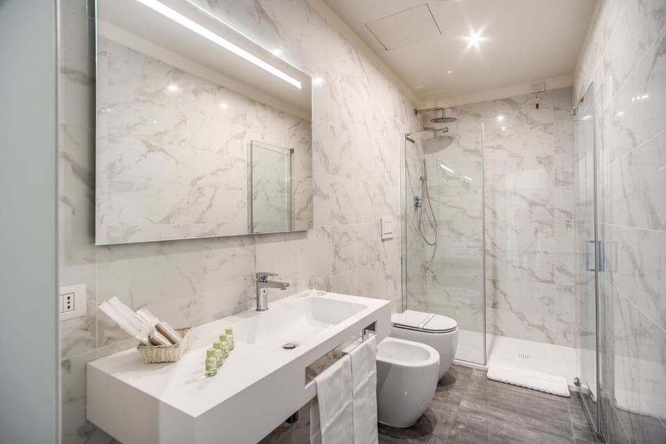 Combined shower/tub, free toiletries, hair dryer, bidet