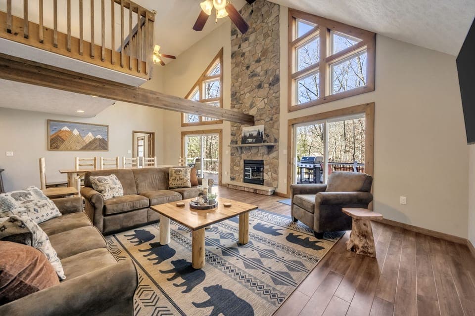 Spacious and Rustic Open 2nd Floor Great Room with Massive Fireplace Wall