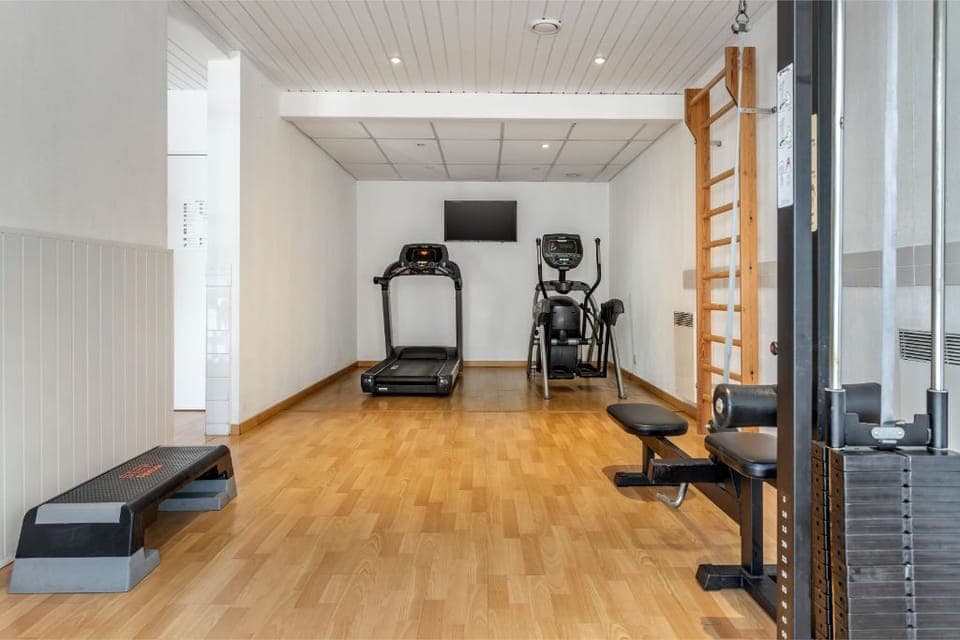 Spacious home gym featuring a range of equipment for a comprehensive workout.