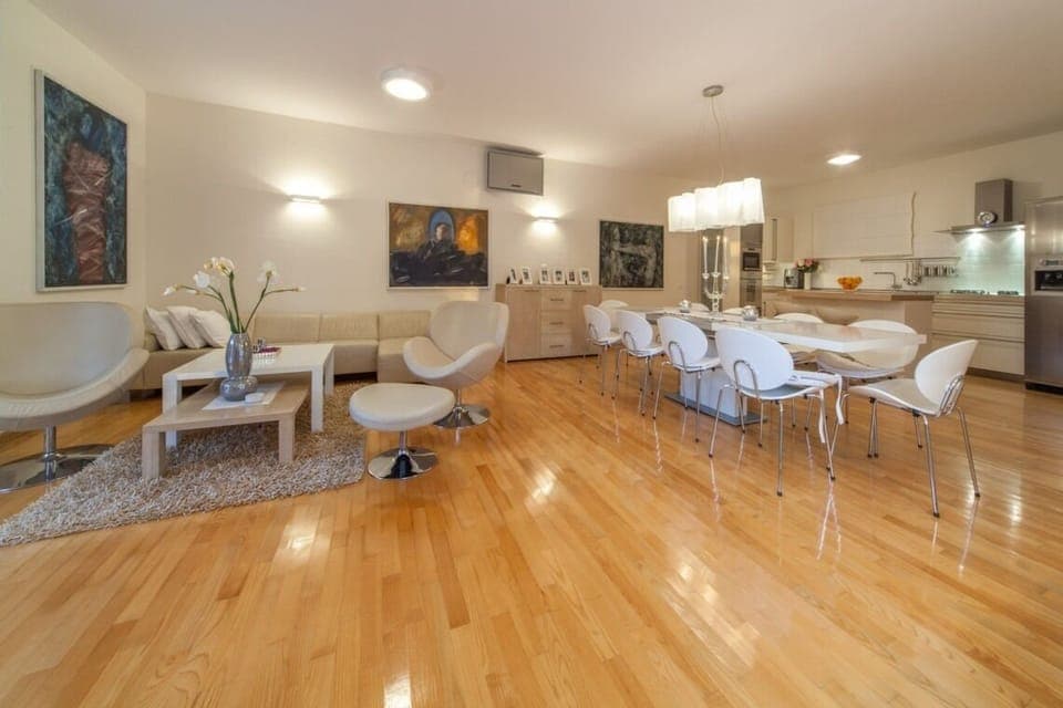 Spacious living room and kitchen with dining table and chairs in the modern pool villa Primosten Oasis