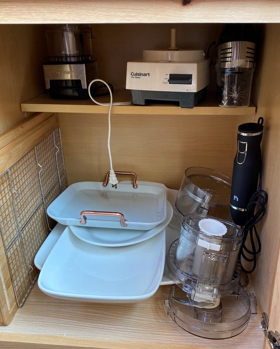 Serving platters, food processors, hand mixer and immersion blender.