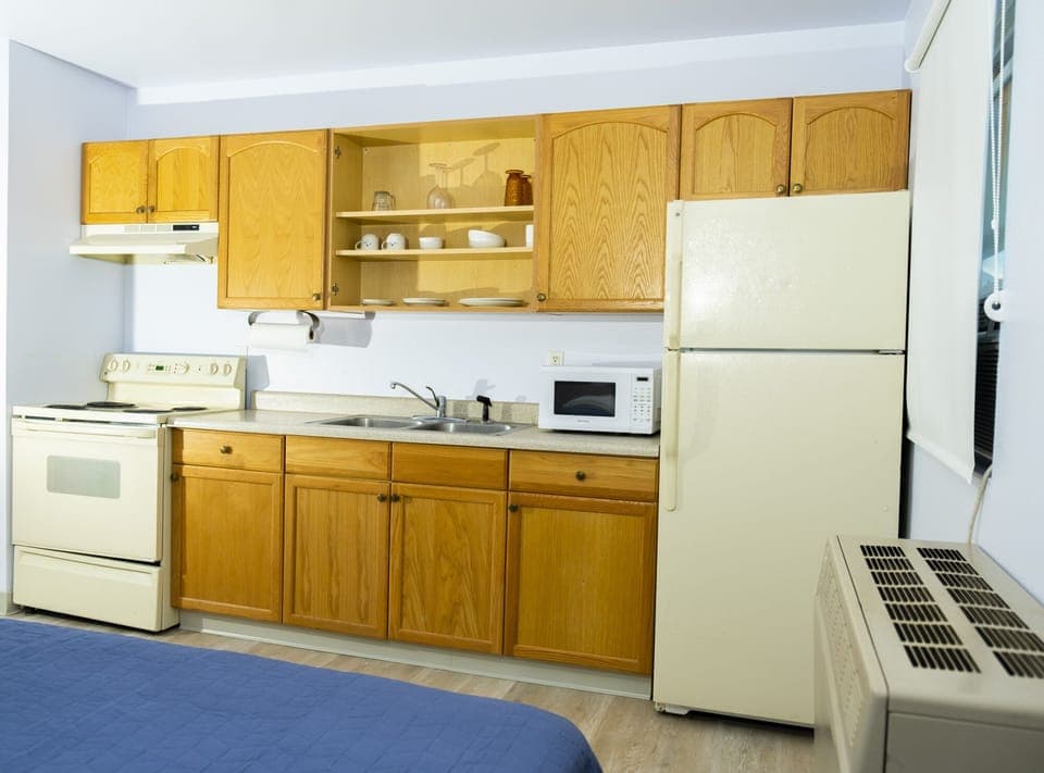 Deluxe Studio Suite, 1 Queen Bed, Kitchen, Pet Friendly | Private kitchen | Microwave, oven, coffee/tea maker, toaster