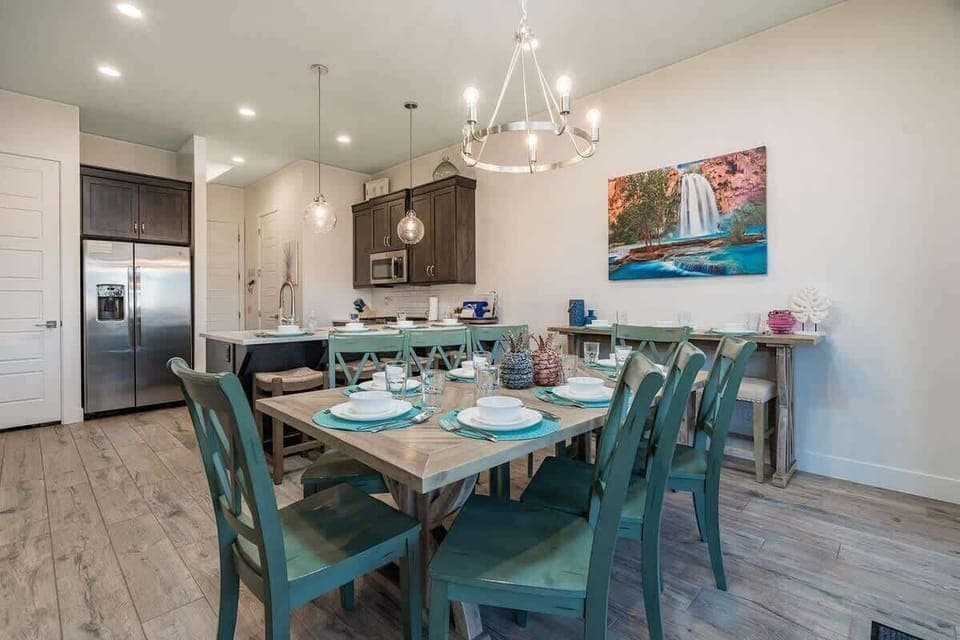 Dining table seats 8 and 7 at the two bars