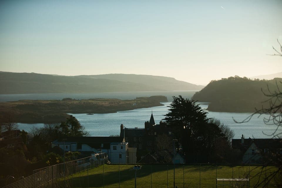 Winter view from An Cala towards Calve island, Tobermory bay and Aros park