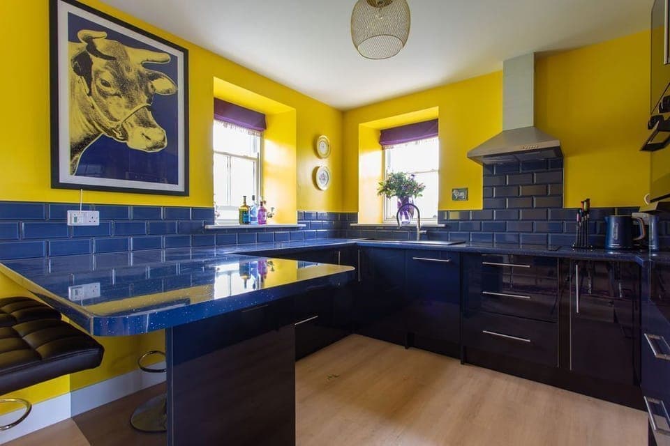 Lowtown Cottage - kitchen with sleek blue integrated cabinets