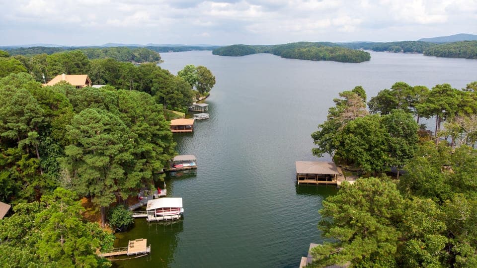 Aerial view of our cove with main channel access. Nice area to play in water.