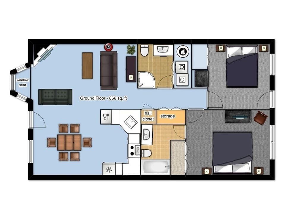 The layout of all 3 ground level units, each with a different theme. 