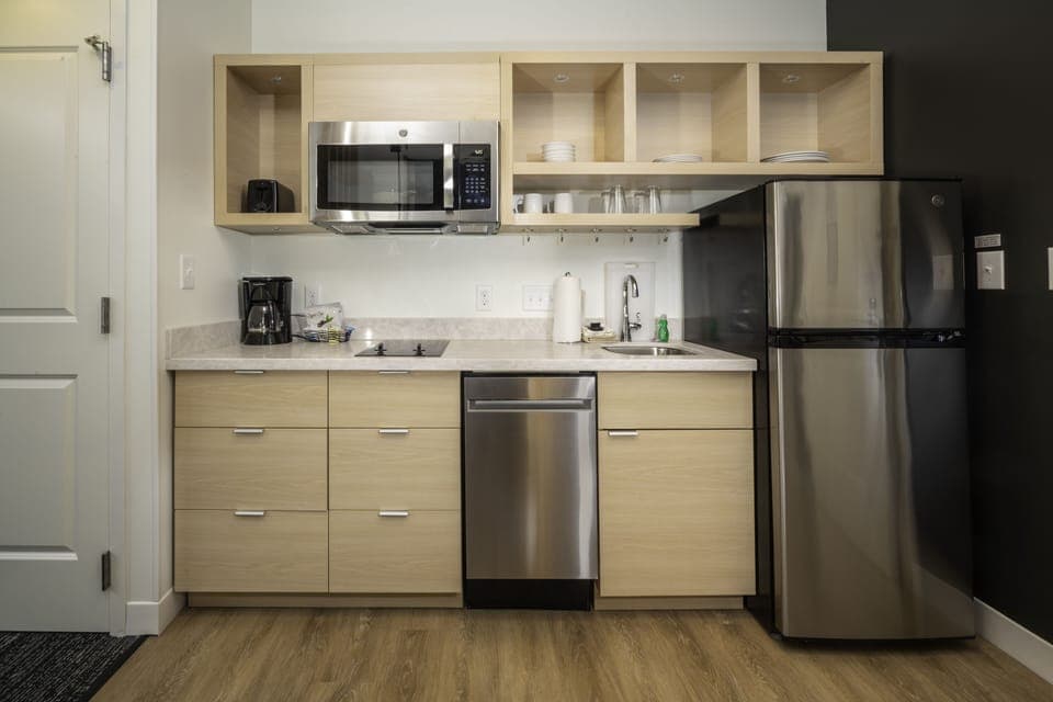 Full-size fridge, microwave, dishwasher, toaster