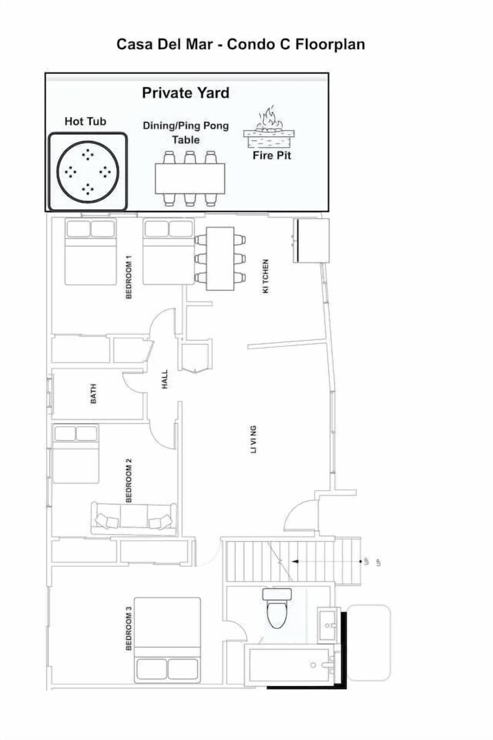 Here is the floorplan for this 3-bedroom / 2 bathroom condo with private yard