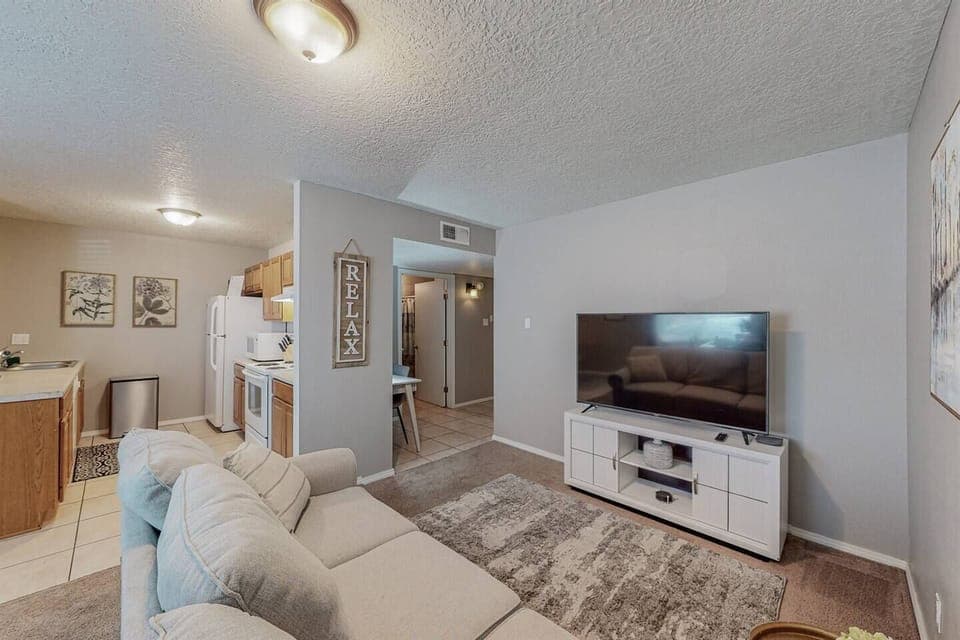 Living room has a couch and 55" smart television.