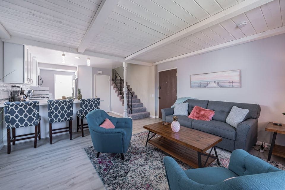 Open concept kitchen and living room.  Sofa pull out sleeps 2, 1st floor