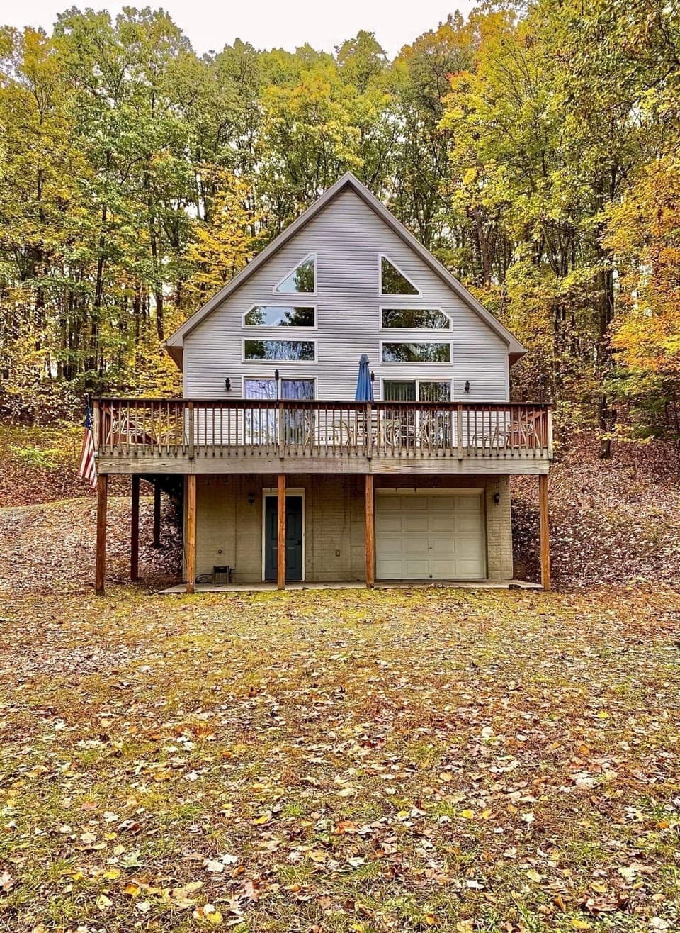 Front view of the home, directly in front of the outside firepit.
