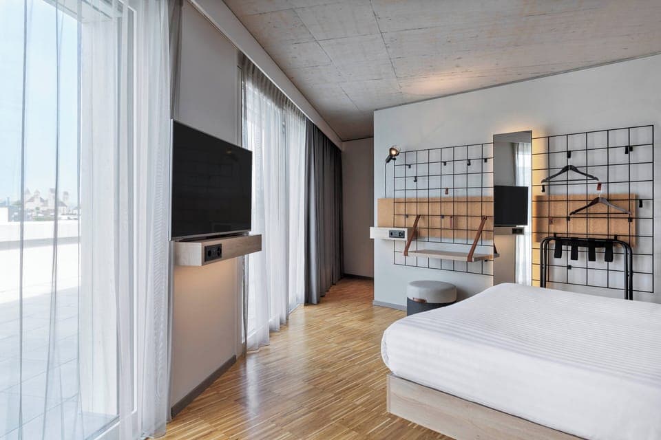 Desk, laptop workspace, blackout drapes, soundproofing