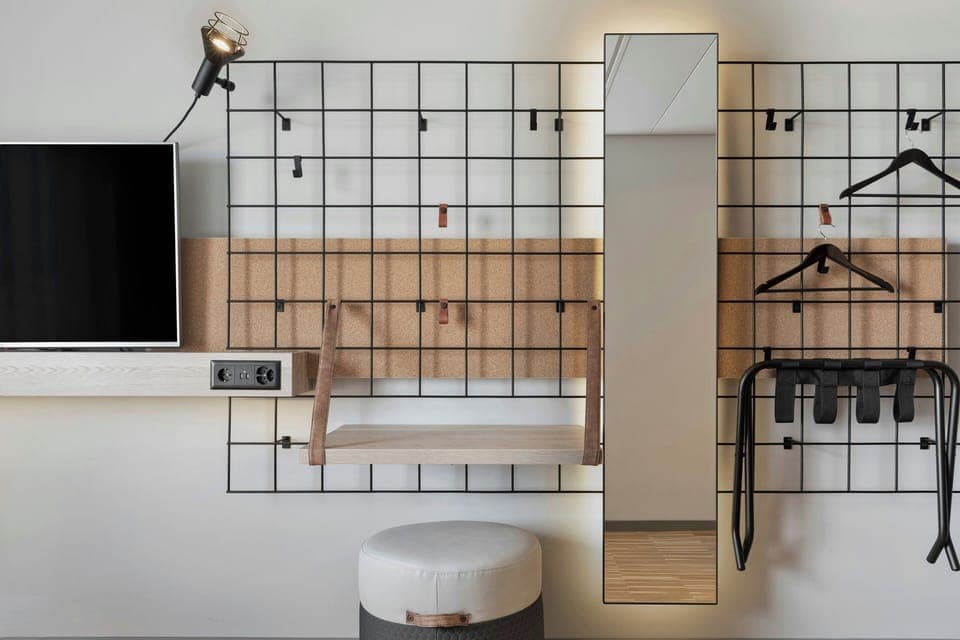 Desk, laptop workspace, blackout drapes, soundproofing