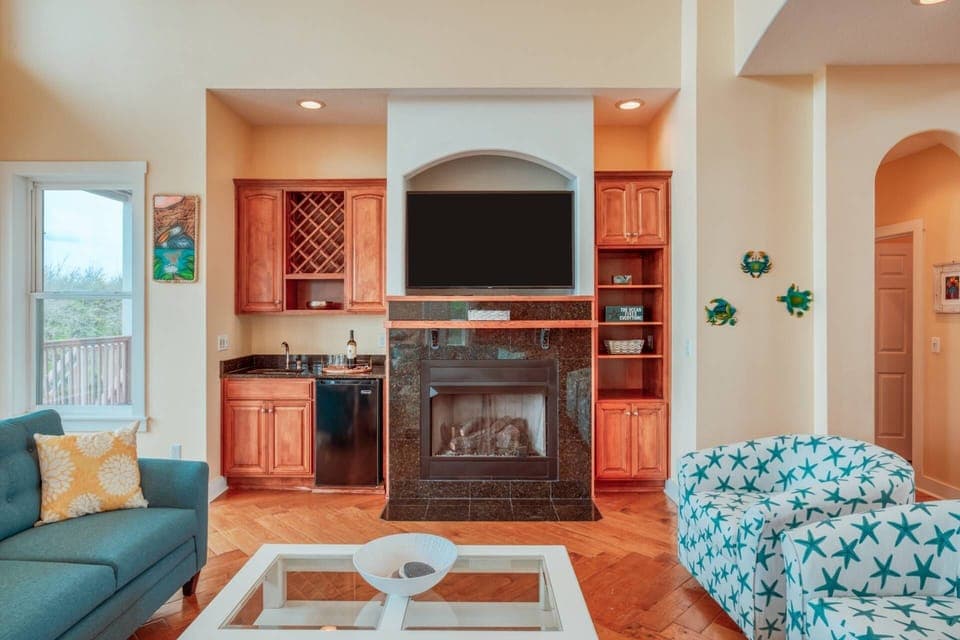 Movie nights are great in this cozy living space.