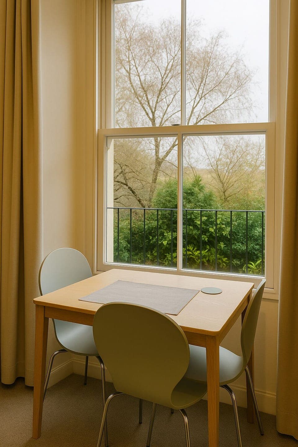 Small dining area by a tall window, with modern light wood furniture and cozy chairs. Enjoy garden views and a bright, inviting atmosphere, perfect for relaxing mornings or quiet afternoons.