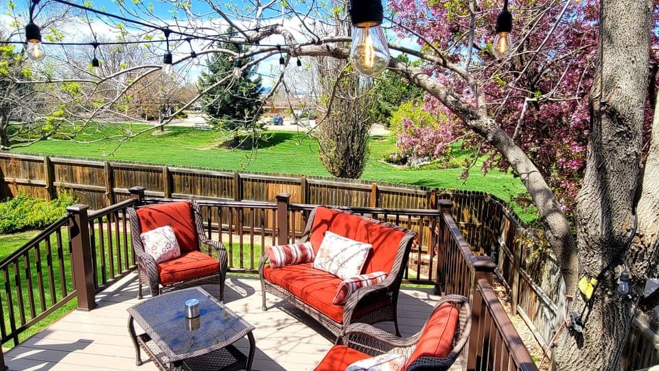 Outdoor hanging lights provide a beautiful ambiance in the evenings.