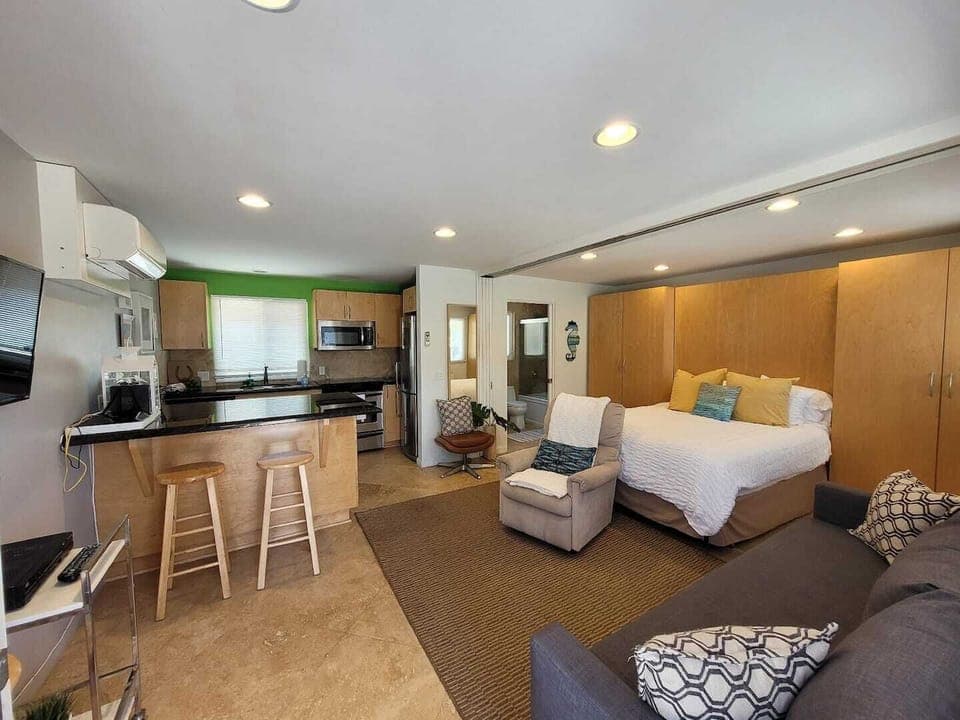 Open studio floorplan includes kitchen, bed and fold out sleeping sofa. 